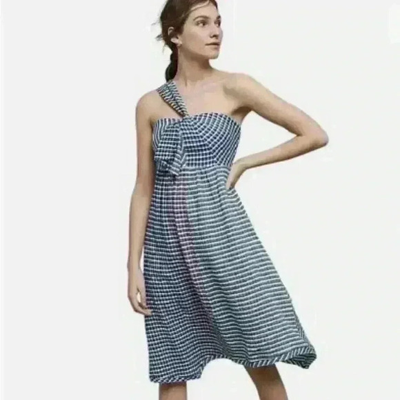 Anthro Maeve Waverly Gingham One Shoulder Dress size 6 - Picture 3 of 8